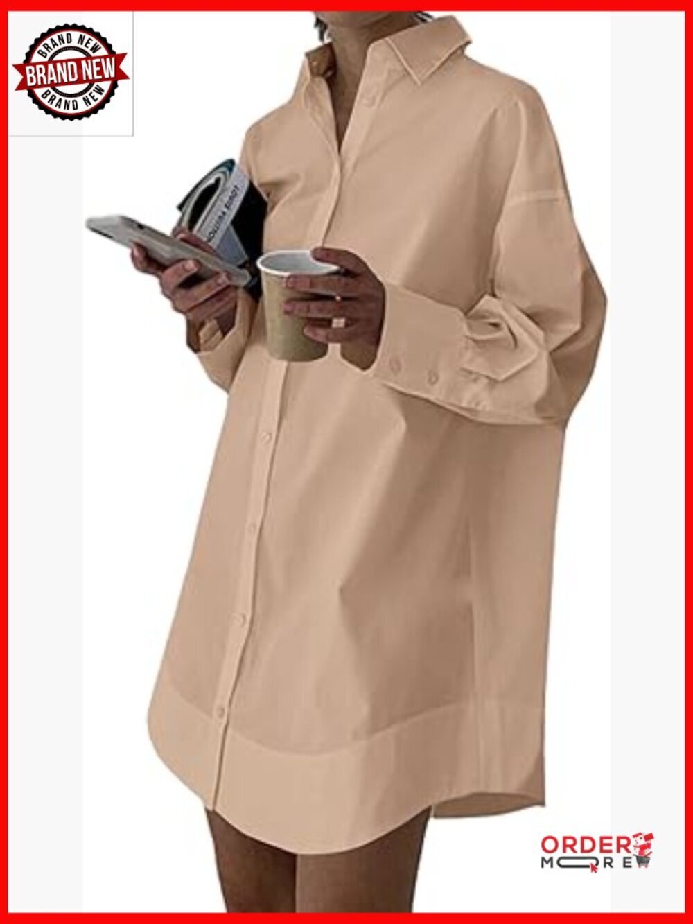 Casual Shirt Dress Collar V Neck Button Down Loose Long Sleeve Mini